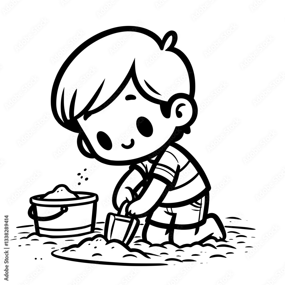 Obraz premium Boy playing in sand with bucket and shovel on white background