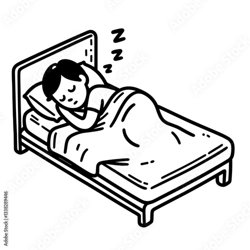 Boy sleeping peacefully in bed under blanket on white background