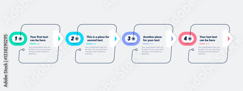 Infographic process template with four colorful stages. Graphic diagram with numbers for workflow layout, banner or web design.