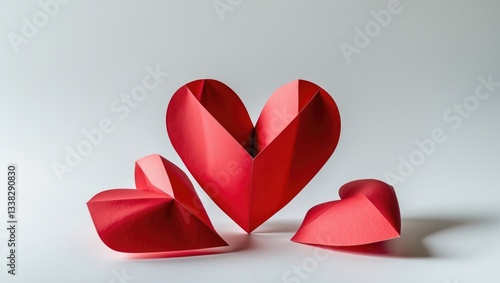 Red paper heart set against a white background, red heart, paper heart backdrop.