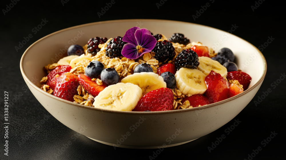 vibrant bowl of mixed fruits including strawberries, blueberries, blackberries, and bananas, topped with granola and flower, creating healthy and colorful breakfast option vibrant bowl of mixed fruits including strawberries, blueberries, blackberries, and bananas, topped with granola and flower, creating healthy and colorful breakfast option
