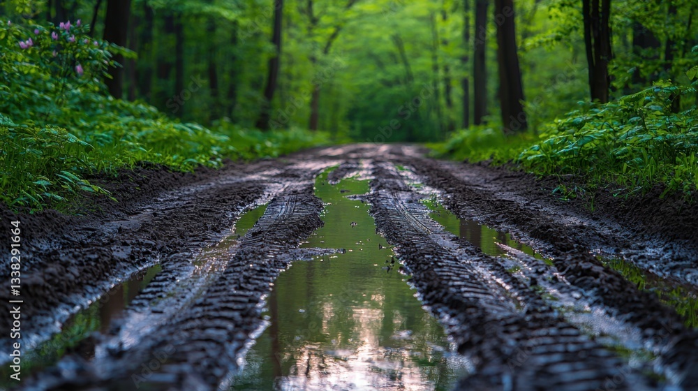 Seasonal Effects on Road Surfaces Concept. Muddy path through a lush green forest with tire tracks and puddles