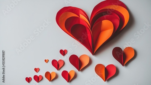 Red paper hearts separated on a white background.