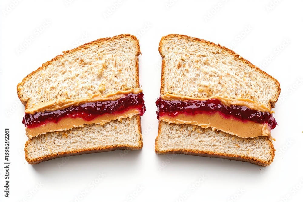 Two Delicious Peanut Butter and Jelly Sandwiches on a White Background Cut in Half Sweet Treat Breakfast Two Delicious Peanut Butter and Jelly Sandwiches on a White Background Cut in Half Sweet Treat Breakfast