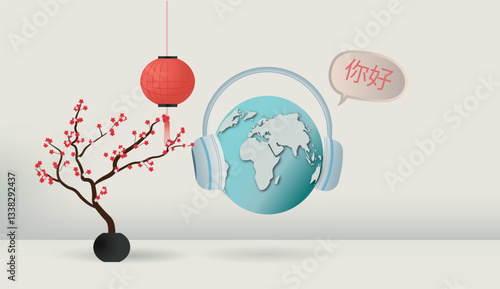 Planet earth wearing headphones listening to mandarin chinese for international mother language day