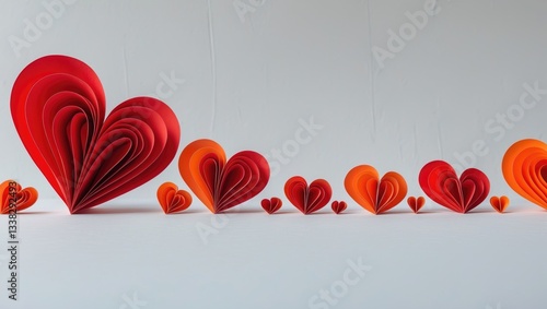 Paper hearts in red hues isolated on a white background.