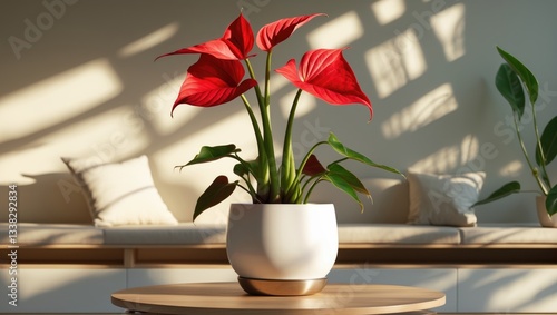 House plant red Anthurium in a stylish white flower pot placed on a wooden console bathed in sunlight and shadows on a wall. Biophilia in minimalist living room design. Copy space. photo