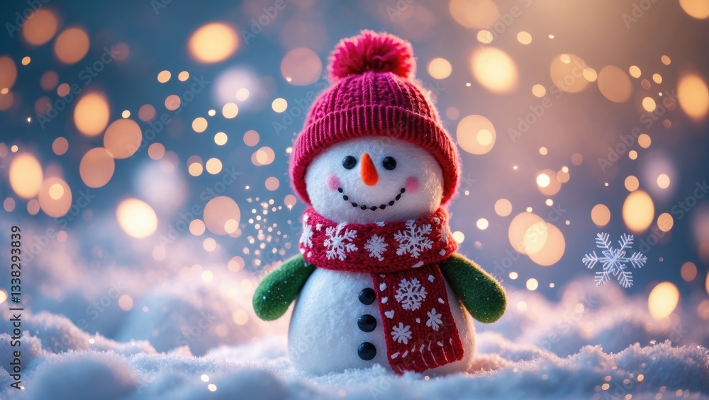 Merry Christmas and Happy New Year greeting card featuring a cute snowman in a winter landscape with space for text. Merry Christmas and Happy New Year greeting card featuring a cute snowman in a winter landscape with space for text.