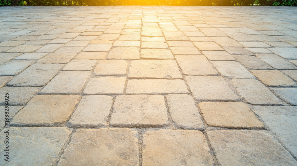 Fototapeta premium beautiful travertine stone paved yard illuminated by warm sunlight, showcasing textured surface and natural colors. serene atmosphere invites relaxation and outdoor enjoyment