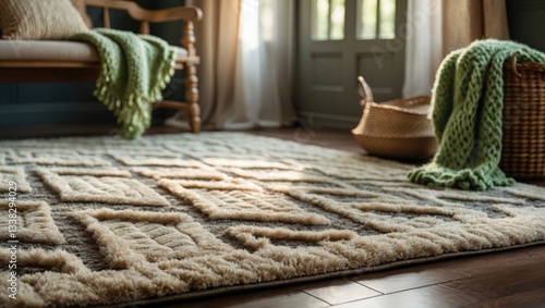 Trellis design rug for a machine-made living room.