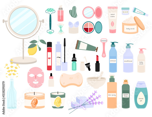 Collection of Cosmetic skincare.  Cosmetic bottles, tubes, face massagers, mascara, lipstick, mirror, lemon, soap, and candles. Skincare vector set. Isolated on a white 