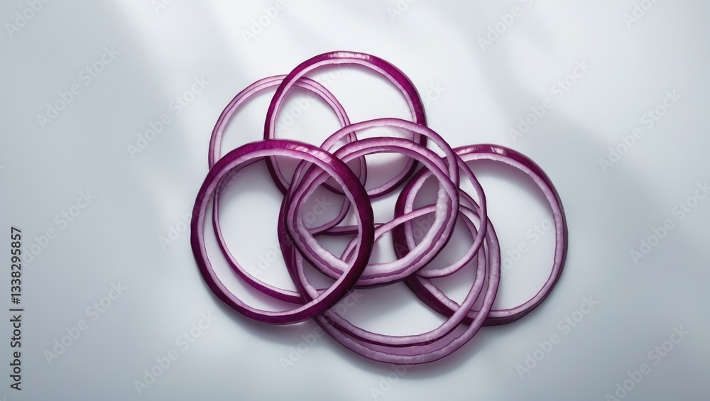 Red onion slices on a white background, viewed from above. Flat lay. Red onion slices suspended, without shadow. Red onion slices on a white background, viewed from above. Flat lay. Red onion slices suspended, without shadow.
