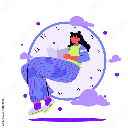 Stylized vector illustration of a woman enjoying a book, dedicating time to self-improvement, symbolizing relaxation and personal growth. A vibrant and modern concept perfect for themes of mindfulness