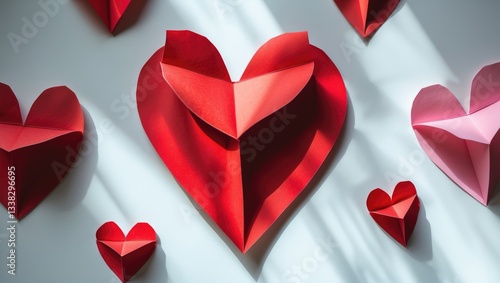 Red paper hearts on a white background, isolated and seen up close.