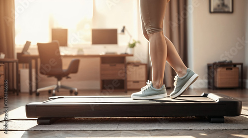 Woman exercising on a walking pad at home. Female person walks on a compact treadmill in a sunny living room