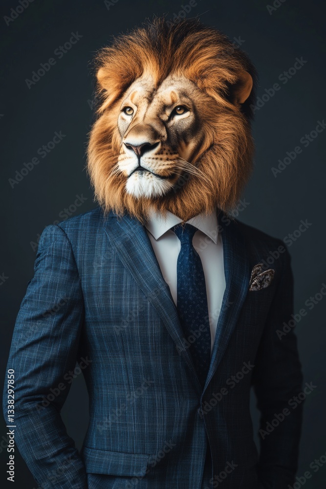 Regal Lion in Formal Business Suit, Anthropomorphic Portrait on Dark Studio Background, Digital Art. Regal Lion in Formal Business Suit, Anthropomorphic Portrait on Dark Studio Background, Digital Art.