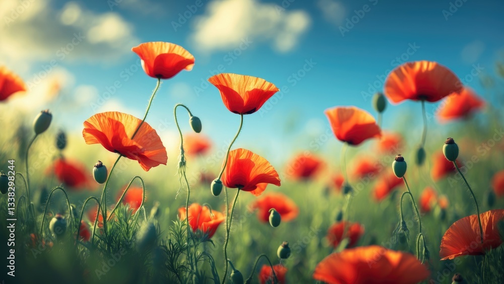 Fototapeta premium Red poppy flowers blooming in a meadow. Poppies field.