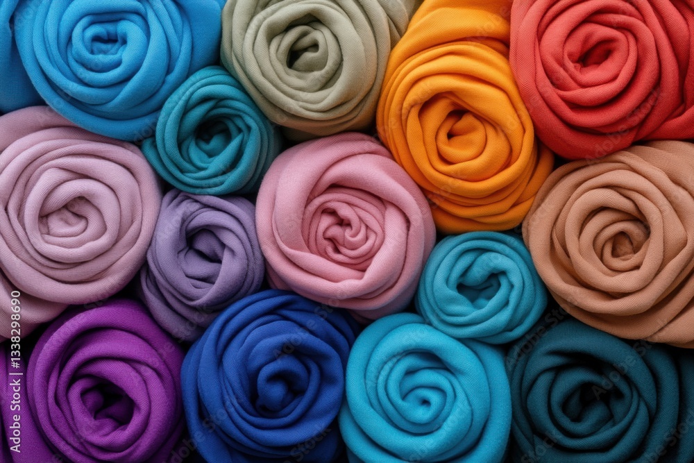 A collection of colorful fabric rolls, arranged in a visually appealing pattern. Perfect for textile, fashion, or craft projects. A collection of colorful fabric rolls, arranged in a visually appealing pattern. Perfect for textile, fashion, or craft projects.