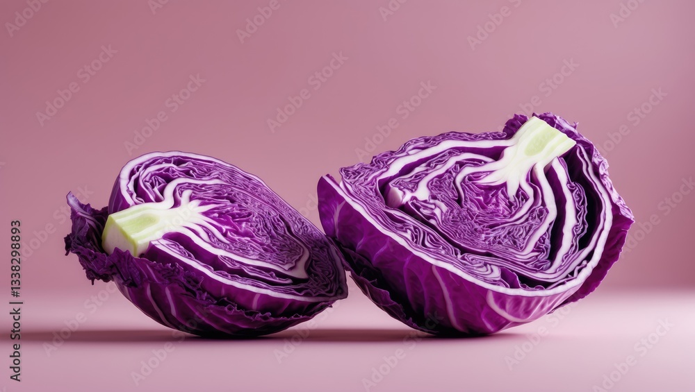 Fototapeta premium Sliced red cabbage on a pastel backdrop. Minimal fruit theme.