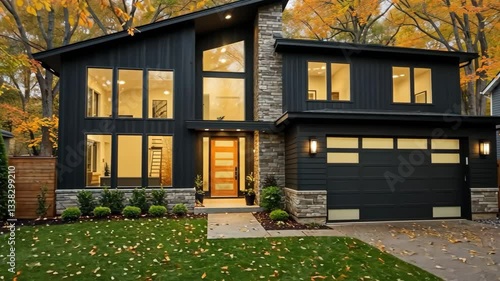 Wallpaper Mural Black modern house with large windows and stone accents surrounded by autumn trees shown outdoors Torontodigital.ca