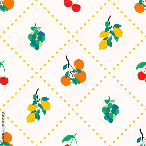 Summer fruits diamond template seamless pattern. Preppy vacation pattern design for wallpaper, fabric with hand drawn citrus fruits, grapes and cherry.  Vector illustration