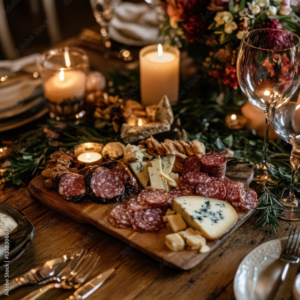 Festive charcuterie board illuminated by candlelight on rustic wooden table enhancing convivial spirit Festive charcuterie board illuminated by candlelight on rustic wooden table enhancing convivial spirit