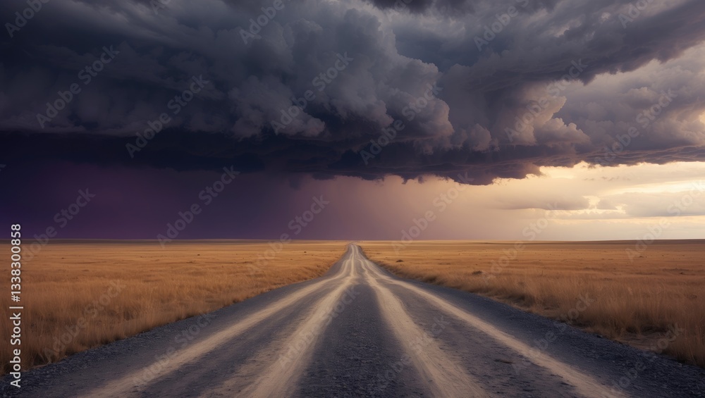 Fototapeta premium Landscape featuring a troubled sky and two byroads in the steppe.