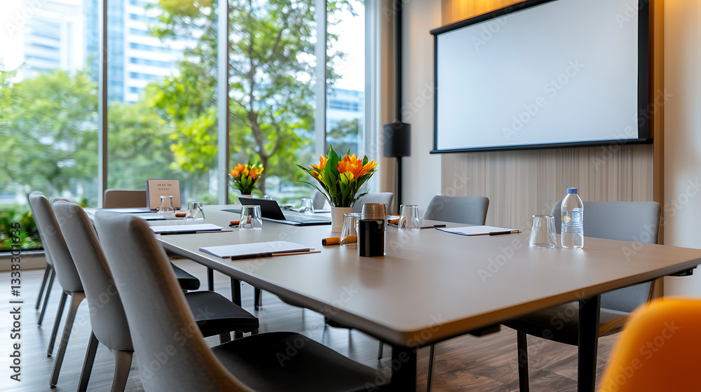 Elegant conference room with natural light at urban office business meeting setup modern interior bright environment panoramic view Elegant conference room with natural light at urban office business meeting setup modern interior bright environment panoramic view