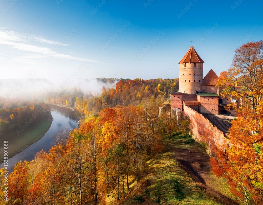 Naklejka premium Turaida Castle above the golden autumn forests of Gauja National Park.
