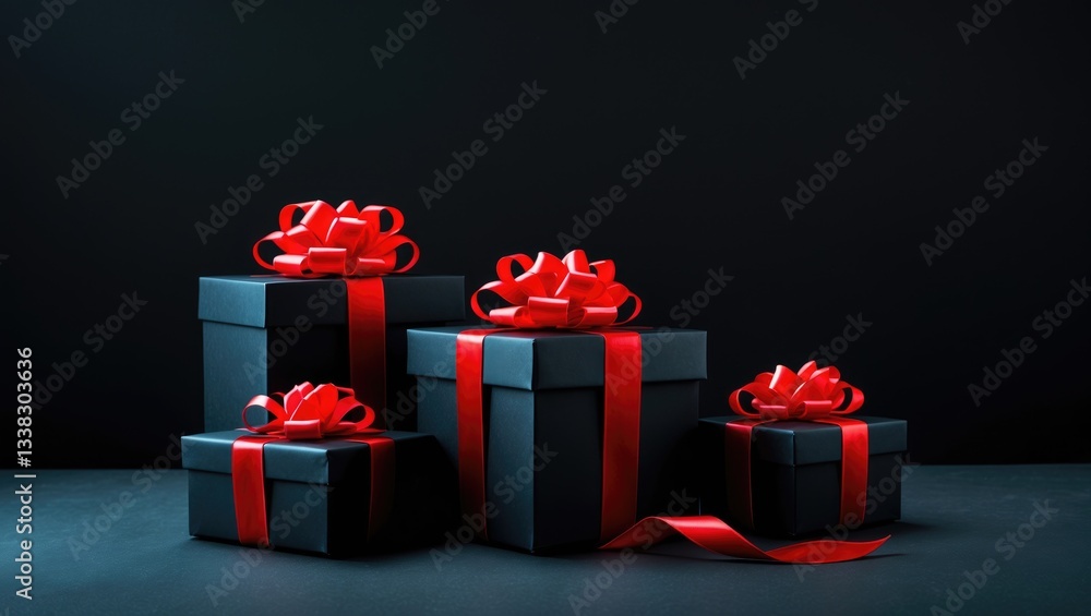 Obraz premium Elegant gift boxes adorned with bows against a black background.