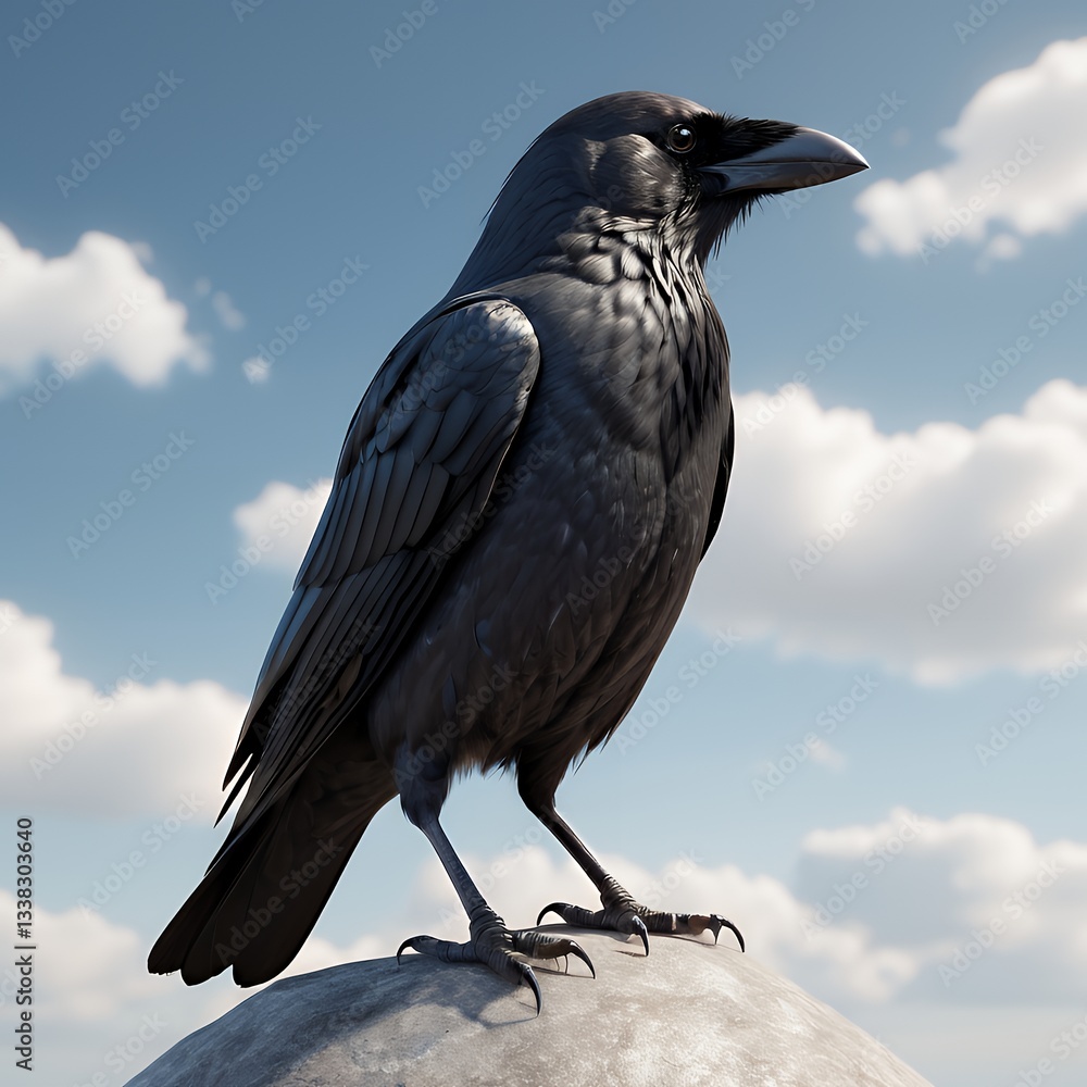 Fototapeta premium Close-up of a Majestic Raven Perched on a Hilltop