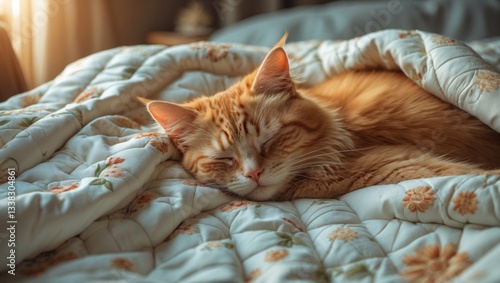 Cute ginger cat sleeping comfortably in bed under a blanket. Fluffy pet settled in for a nap. Cozy home setting with a humorous pet.