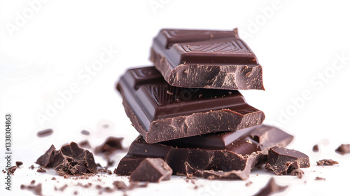 Three pieces of chocolate stacked on top of each other with a pile of chocolate crumbs on the ground
