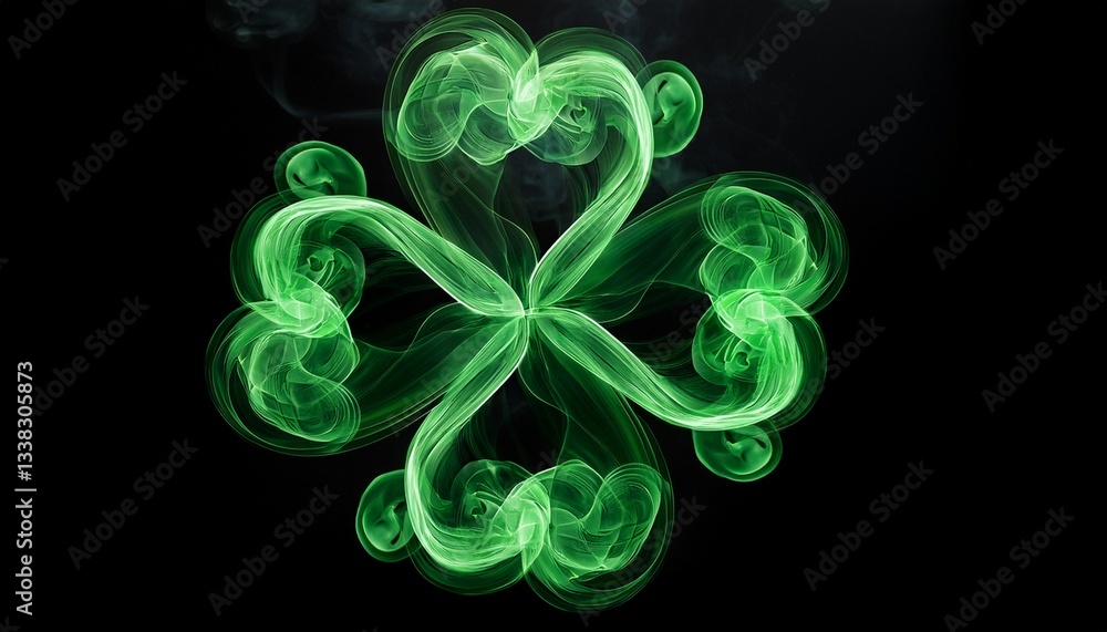 Obraz premium Stylish green smoke curls into a clover shape on a dark background. Elegant, mysterious, and artistic design for St. Patrick’s Day, luck symbols, or creative projects.