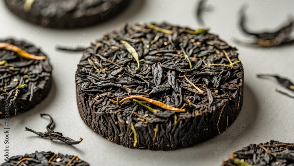 Fototapeta premium Pressed raw pu-erh tea cake displaying natural loose-leaf texture and details of aged tea leaves representing craftsmanship tradition in tea preparation, ideal for true tea enthusiasts and collectors.