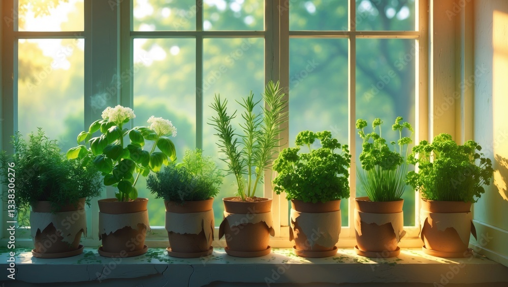 Various aromatic potted herbs on indoor windowsill Various aromatic potted herbs on indoor windowsill