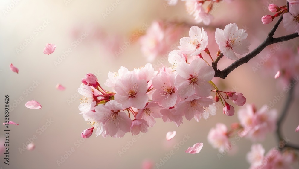 Obraz premium Blooming cherry blossoms against a blurred backdrop.