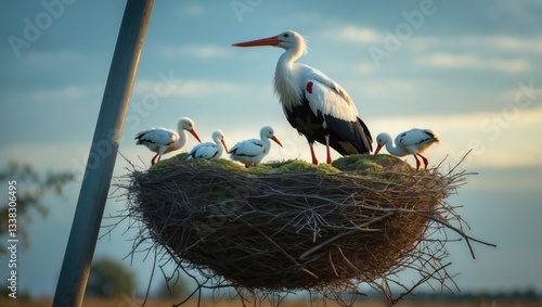 White stork in a large nest with young storks hatching and waiting for migrating bird parents, standing in the nest against a sky backdrop while grooming feathers and feeding their chicks.