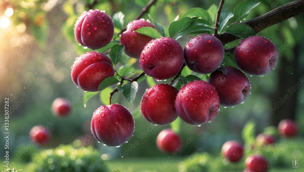 Obraz premium Red plums hanging on a tree in the garden.