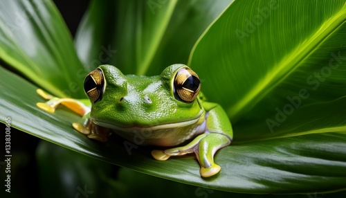 Close-up of a vibrant green frog nestled in leaves. Fine details of eyes, skin texture, and natural environment, ideal for wildlife, nature, or macro photography.