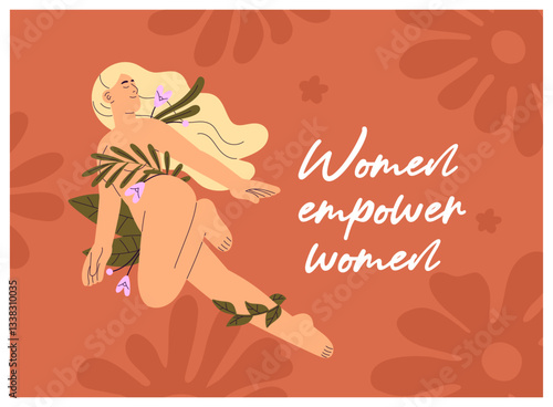 Design of greeting postcard with sensual naked woman is wrapped with flowers, leaves. Card template with nude girl. Concept of self care, love, acceptance, natural beauty. Flat vector illustration.