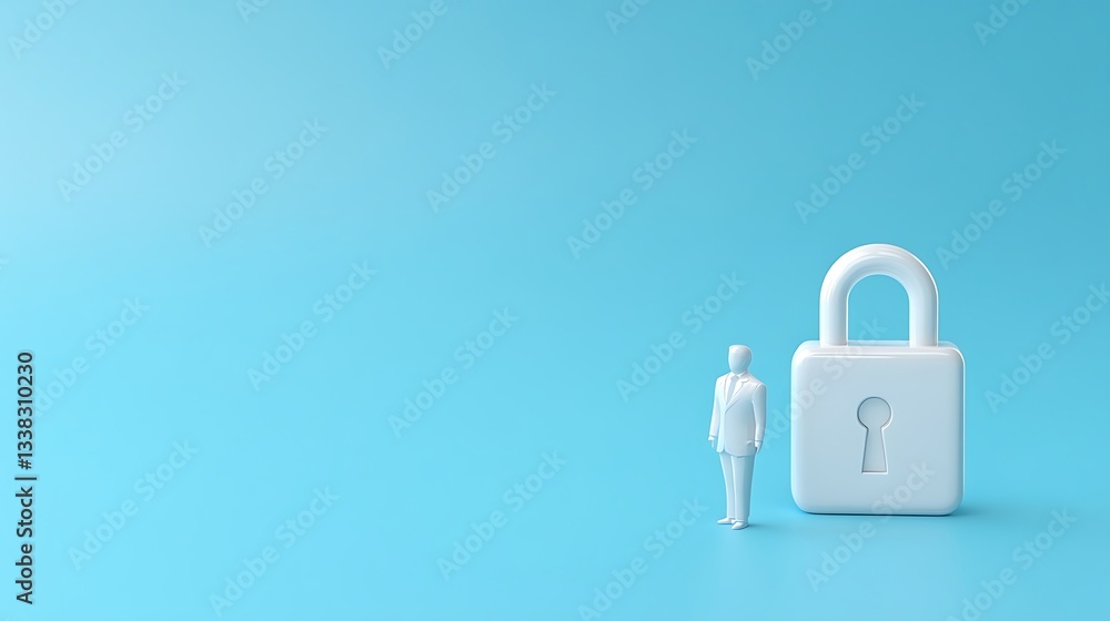 Fototapeta premium Abstract concept of security and privacy with a figure and a large padlock on a bright blue background