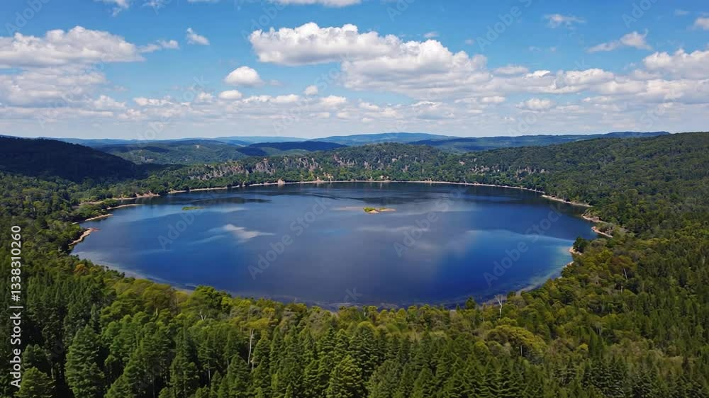 Aerial view of a lake in the middle of a pine forest, backward flying drone shot Aerial view of a lake in the middle of a pine forest, backward flying drone shot