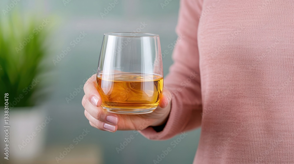 Person Holding Glass of Alcohol in Cozy Setting with Soft Lighting and Green Background for Relaxation and Enjoyment Person Holding Glass of Alcohol in Cozy Setting with Soft Lighting and Green Background for Relaxation and Enjoyment