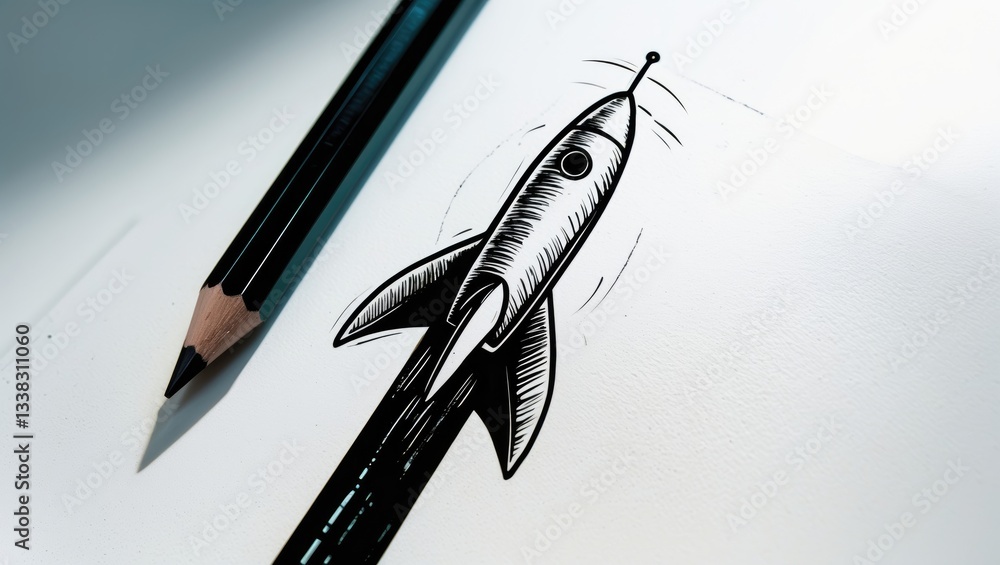 Black pencil next to an outlined rocket on a white paper backdrop. Creativity inspiration ideas concept. Black pencil next to an outlined rocket on a white paper backdrop. Creativity inspiration ideas concept.