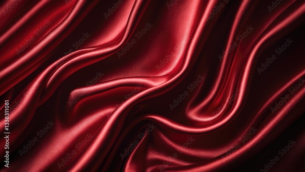 Obraz premium Red silk satin. Curtain. Luxurious backdrop for design. Gentle folds. Glossy smooth flowing fabric. Wavy.