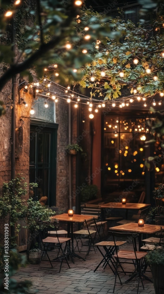 An old-style cafe outdoors features quaint tables under a canopy of string lights. Vertical. An old-style cafe outdoors features quaint tables under a canopy of string lights. Vertical.
