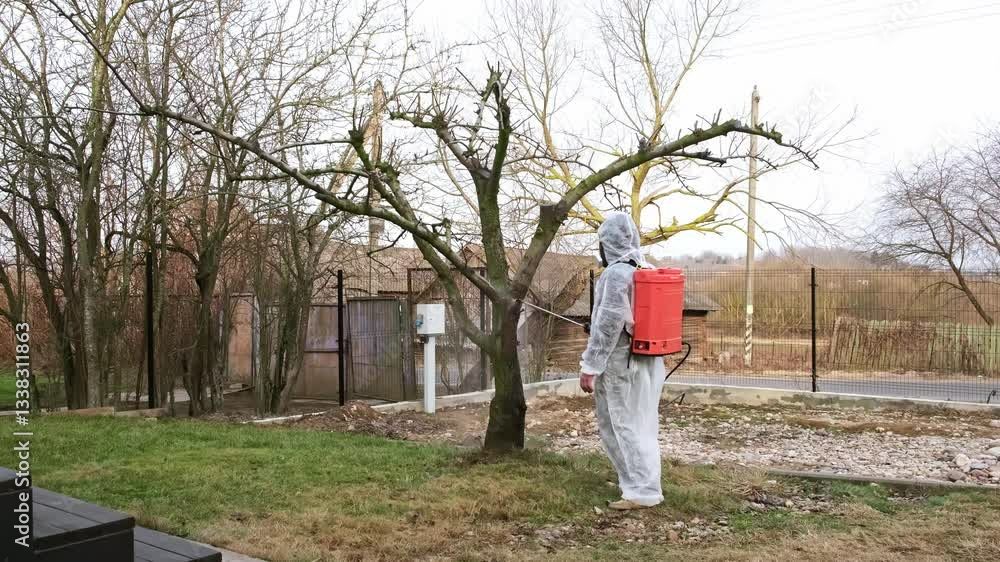 Gardener in protective clothing with a knapsack sprayer is spraying fruit tree with fungicide in a spring garden. Plant protection from diseases, insects and pests control. High quality 4k footage. Gardener in protective clothing with a knapsack sprayer is spraying fruit tree with fungicide in a spring garden. Plant protection from diseases, insects and pests control. High quality 4k footage.