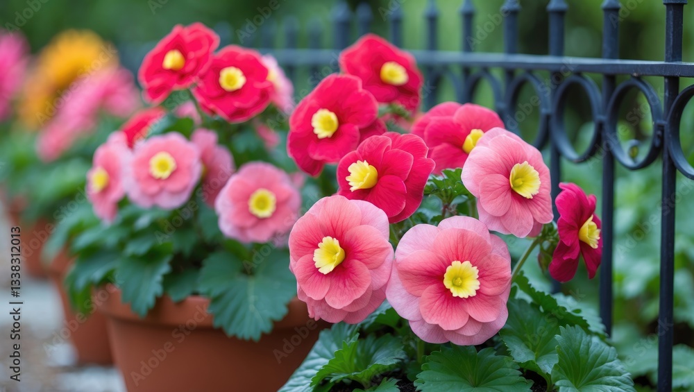 Obraz premium Begonia flowers thrive in a flowerbed. Red begonia blossoms for landscaping decor.
