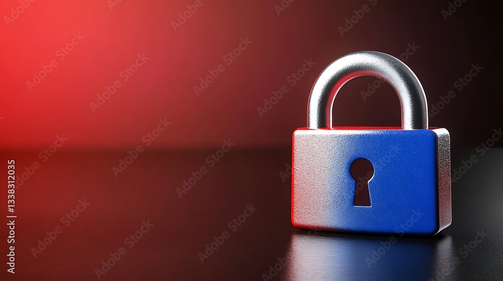 Fototapeta premium Blue and Silver Padlock on Dark Surface with Red and Black Background for Security and Protection Themes